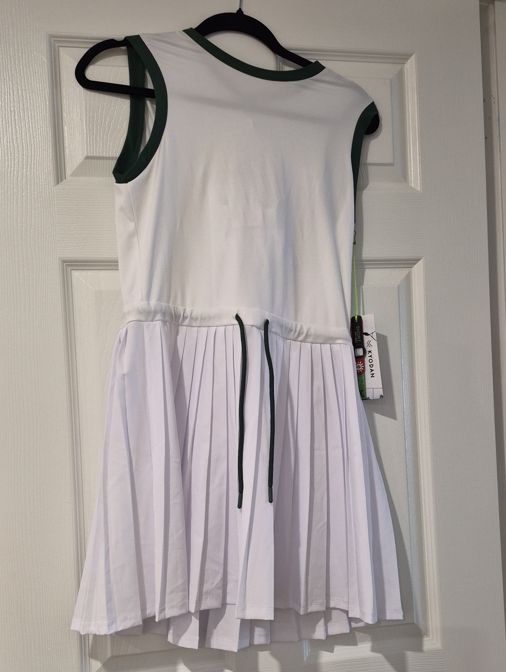 White Womens Tennis Pleated Drawstring Dress with Green Trim